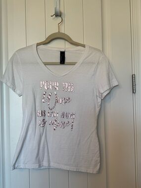 Hanes White V-Neck Tee with Pink Metallic Script